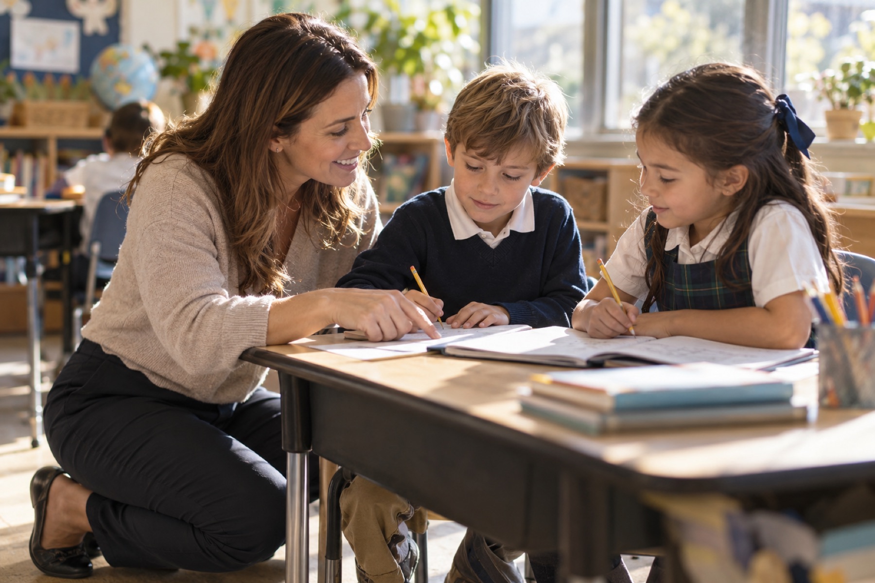 Maestra ayudando a dos alumnos en su mesa