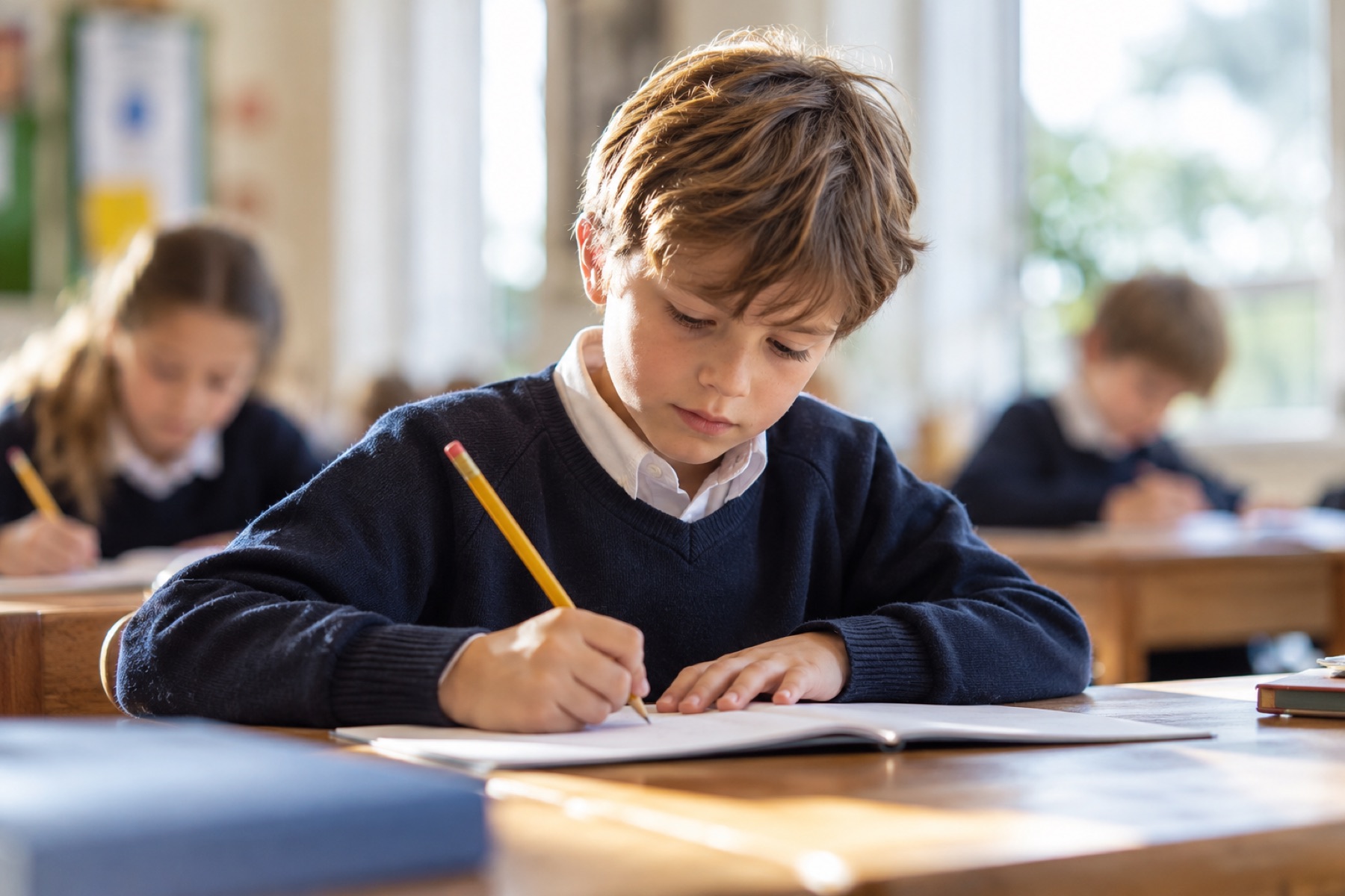 Alumno de Primaria escribiendo en su cuaderno