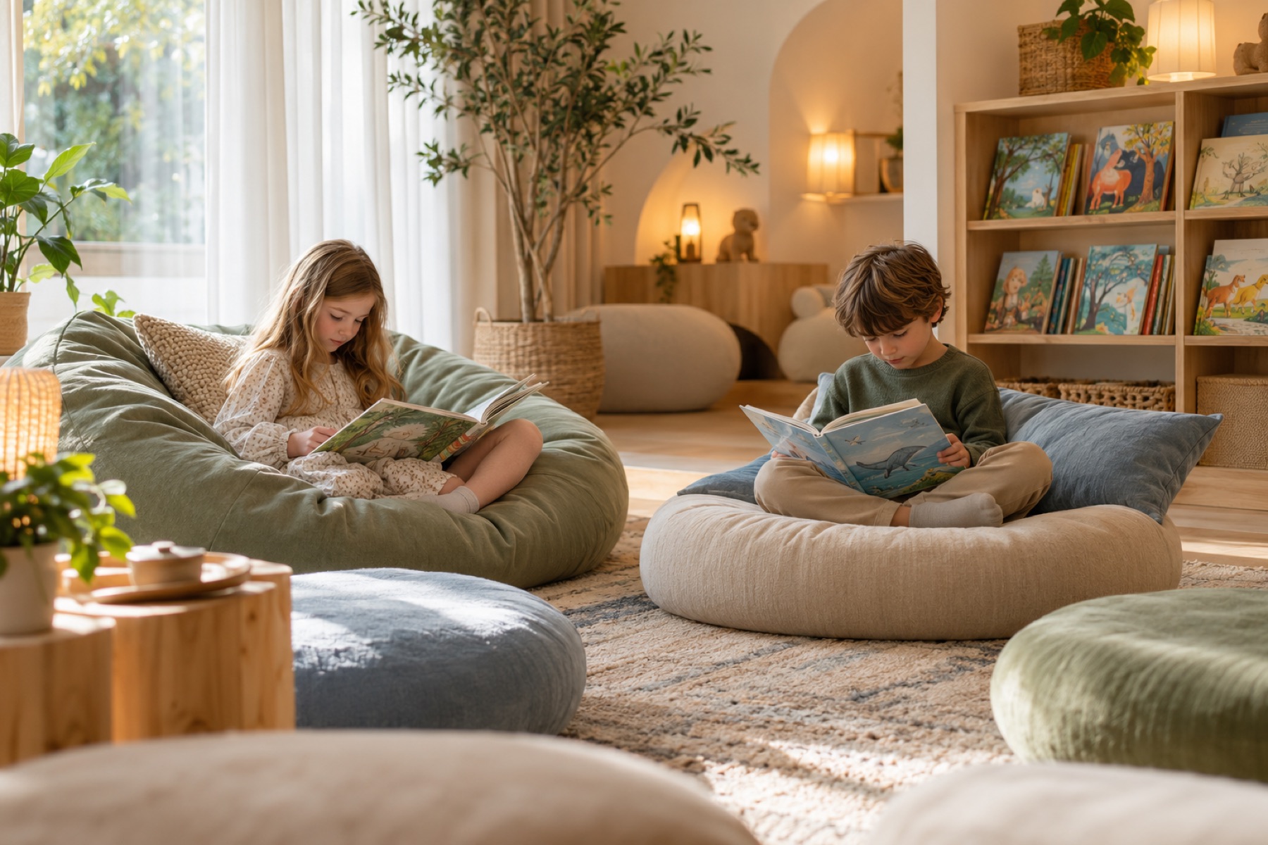 Sala de calma con cojines, libros y luz suave